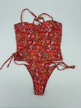Red Paisley One-Piece Bikini with Adjustable Ties NWT